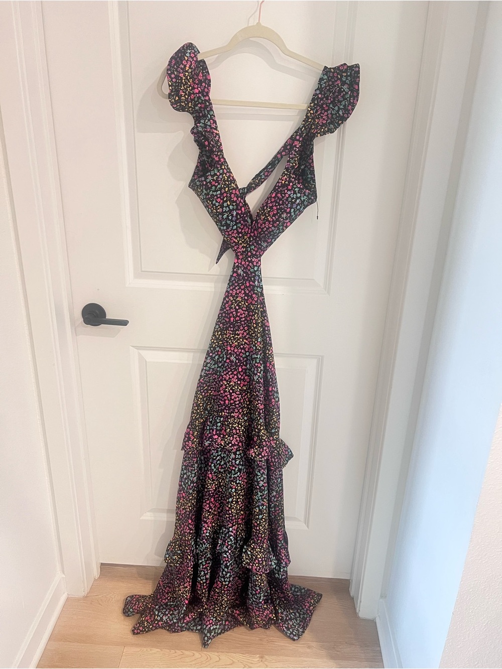 Black Floral Ruffle Open Back  Maxi Dress with Tie Back